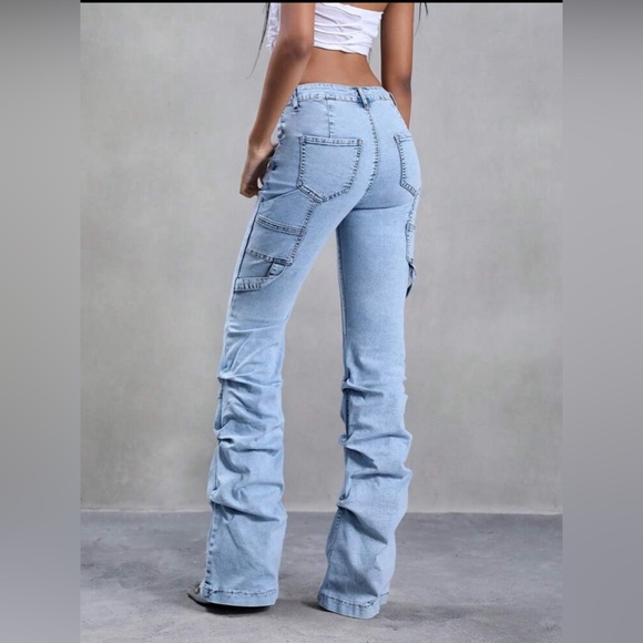 Jeanoix Casual Distressed Ruched Slim Fit Flare Leg Jeans Skinny Bootcut Jeans - Picture 2 of 6